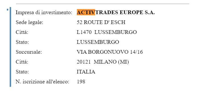 activtrades dati registrazione consob