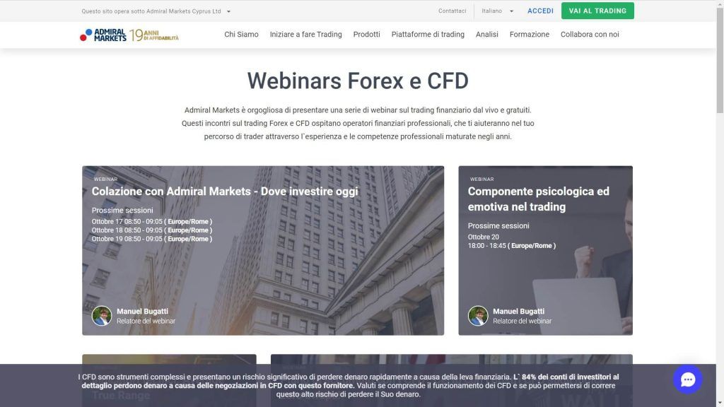 sezione webinars di admiral markets