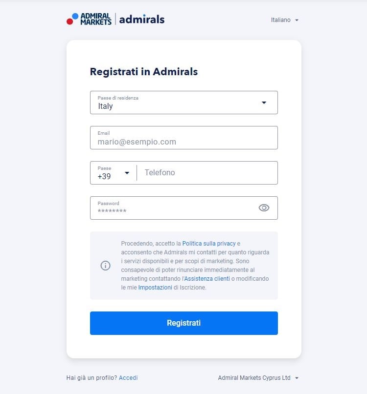 admirals form di registratione conto demo