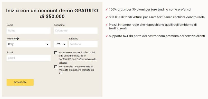 axi conto demo modulo di registrazione