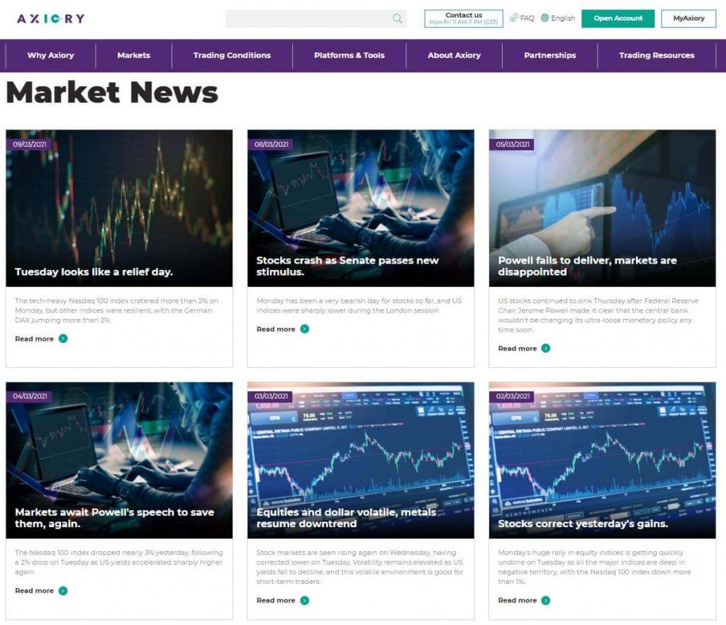 sezione notizie di mercato di axiory