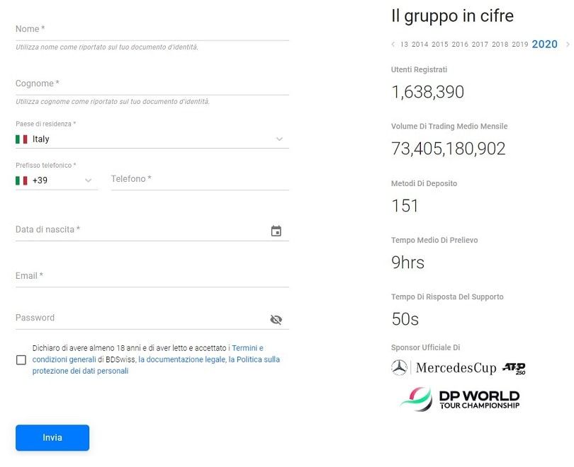 bdswiss pagina del form di registrazione per un conto demo