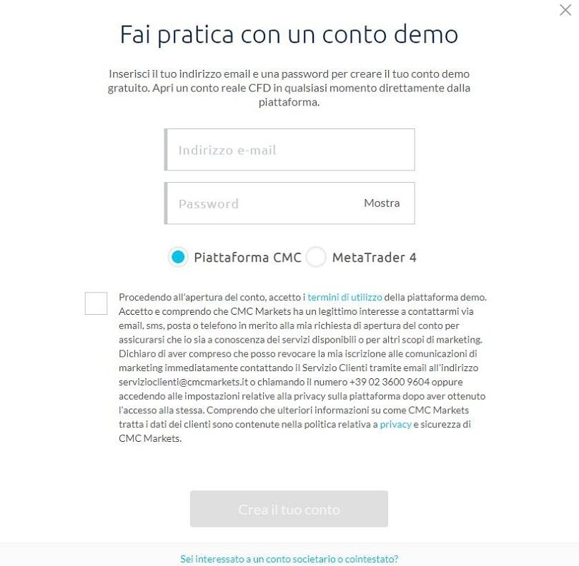 cmc markets form di registrazione del conto demo