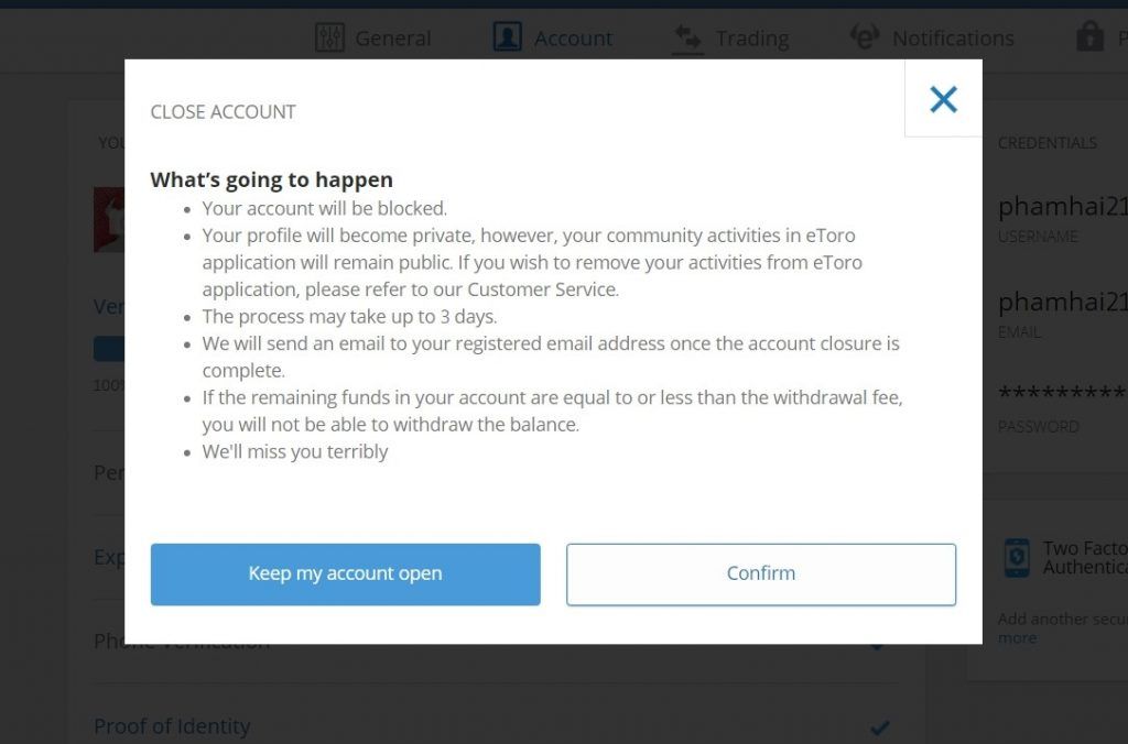 come cancellare account eToro conferma