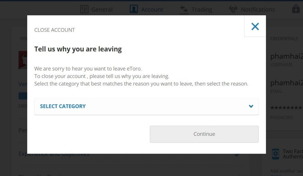 come cancellare account eToro feedback