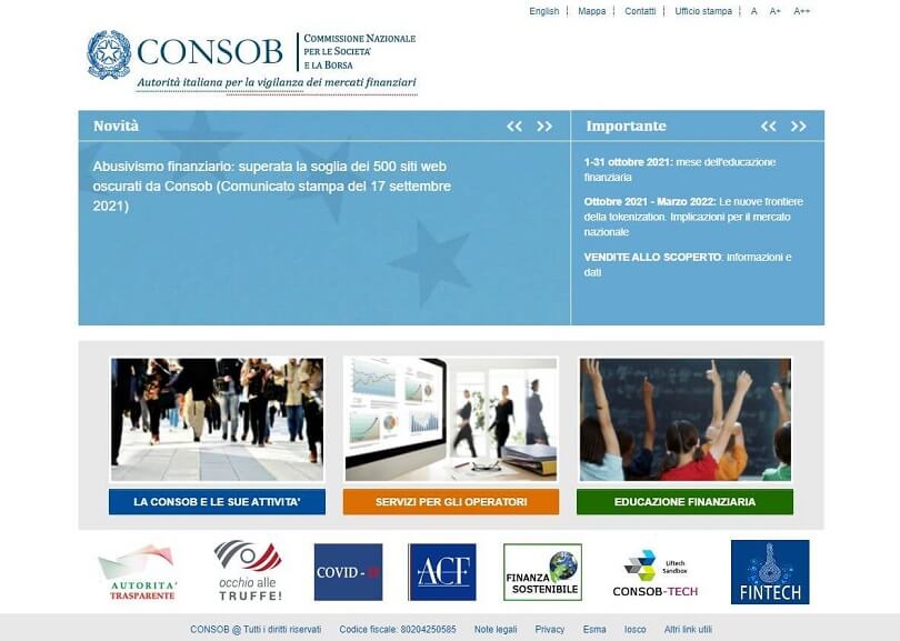 l'homepage del sito della consob