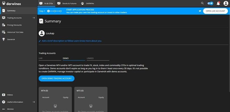 darwinex schermata accesso al conto demo
