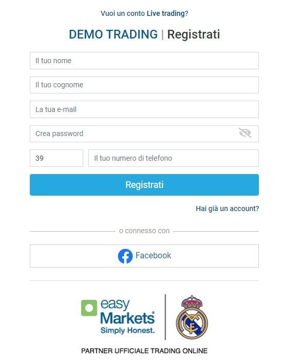 easymarkets form di registrazione per il conto demo