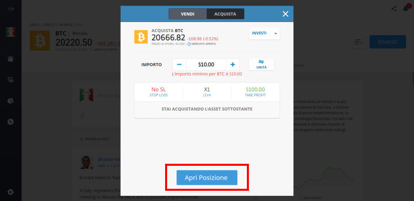 Aprire una posizione su etoro