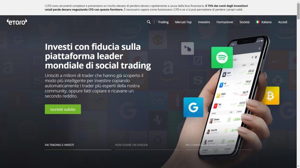 la pagina principale del sito di eToro
