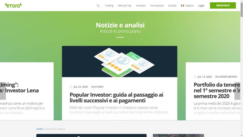 Sezione dedicata alle notizie e analisi sui mercati proposta da eToro