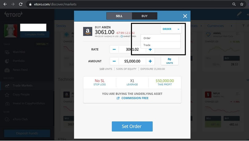 ordine pre market su etoro webtrader