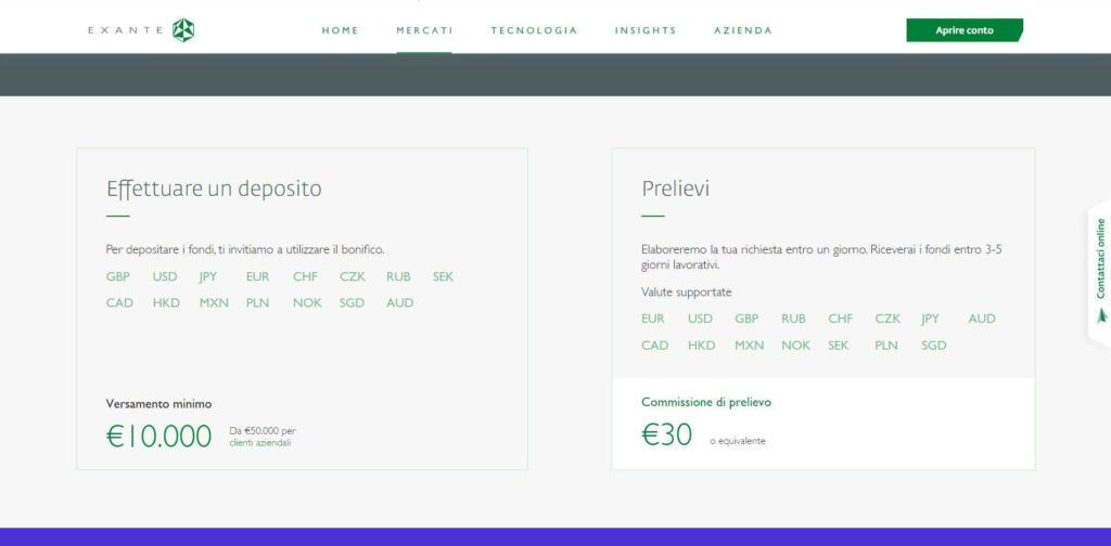 caratteristiche dei depositi e prelievi offerti da exante