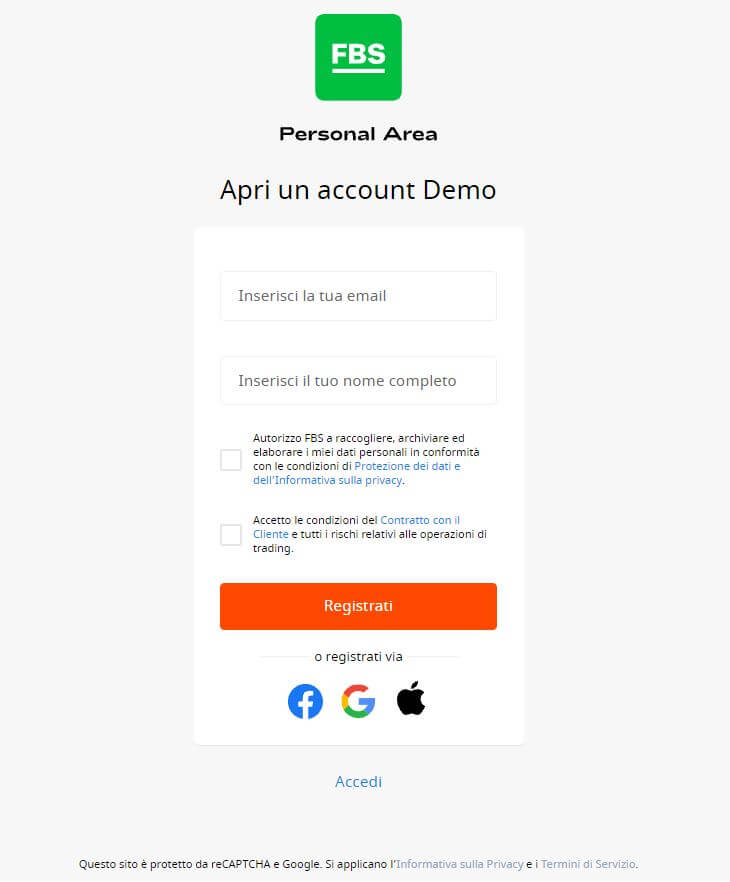 modulo d'iscrizione per un conto demo fbs