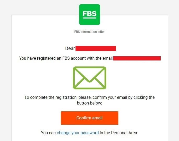 email di conferma da parte di fbs per il conto demo