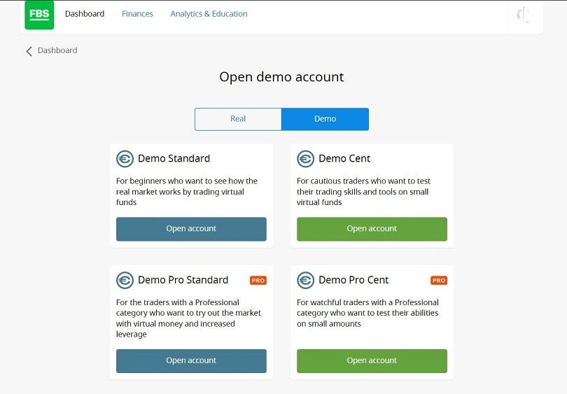 fbs scegli il tipo di conto demo