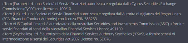 footer del sito di etoro