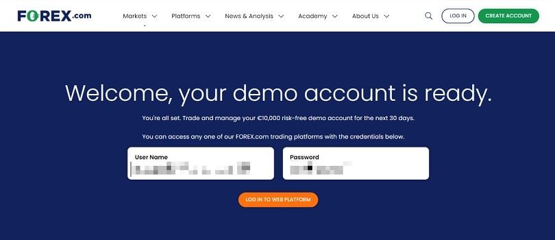 forex.com schermata dei dati di accesso al conto demo
