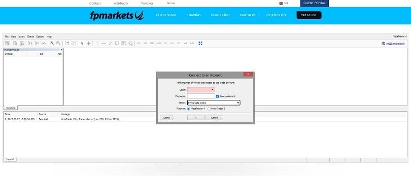 fp markets conto demo piattaforma webtrader