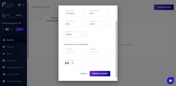fusion markets scegli le caratteristiche del conto demo