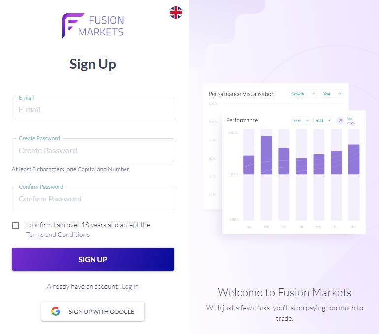fusion markets conto demo form di registrazione