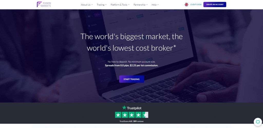 La pagina principale del sito di Fusion Markets