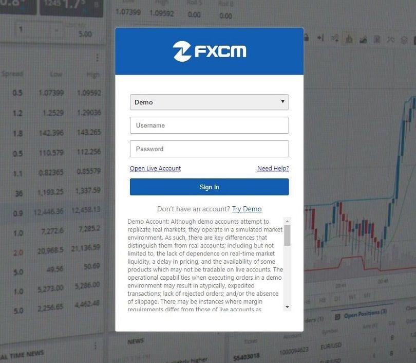 fxcm schermata per accedere al demo