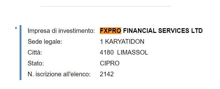 fxpro dati di registrazione consob