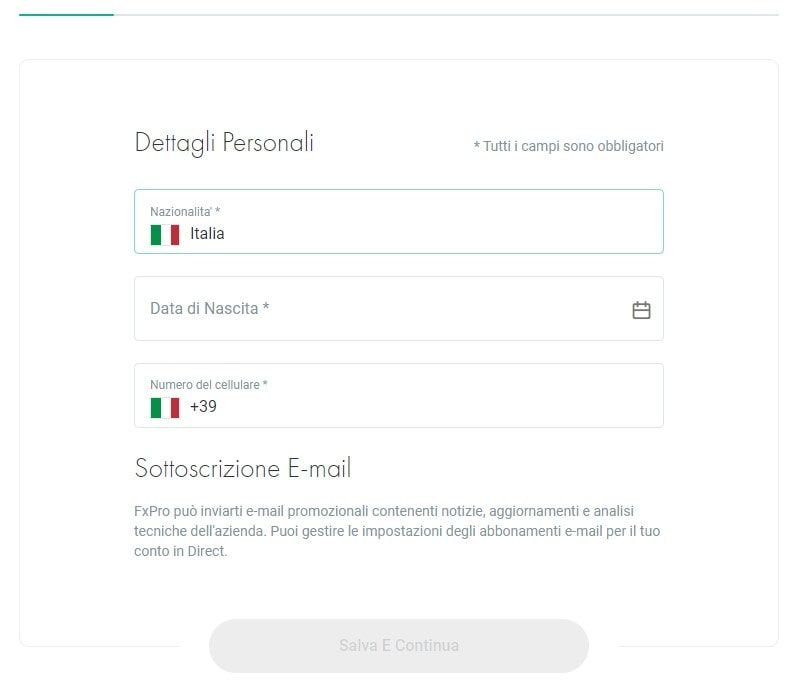 fxpro immetti dati personali per creare il tuo conto demo