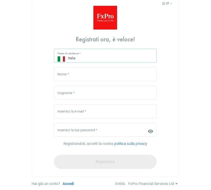 fxpro pagina di registrazione del conto demo