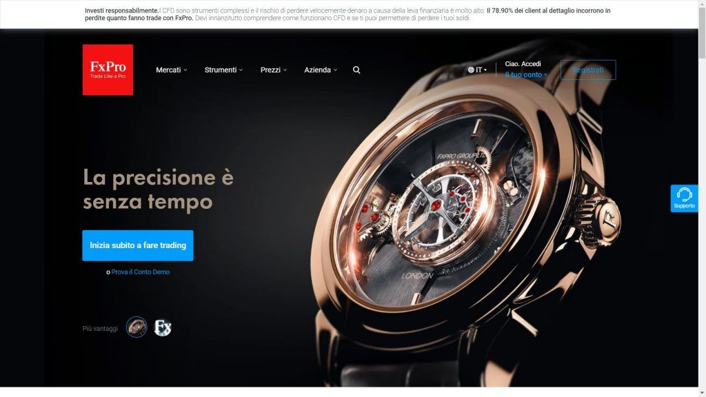 La pagina principale del sito di FxPro