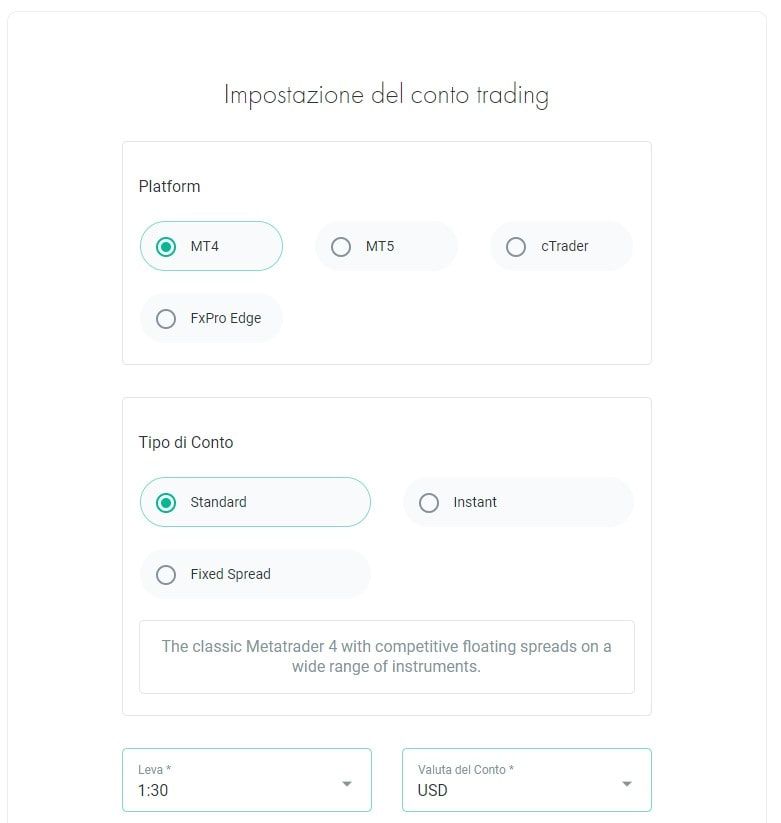 fxpro schermata delle impostazioni del conto demo