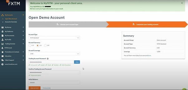 Schermata di personalizzazione del tuo conto demo con FXTM