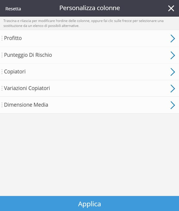 Elenco dei filtri aggiuntivi applicabili