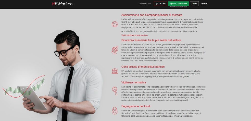 Pagina sulla sicurezza dei fondi applicata da HF Markets