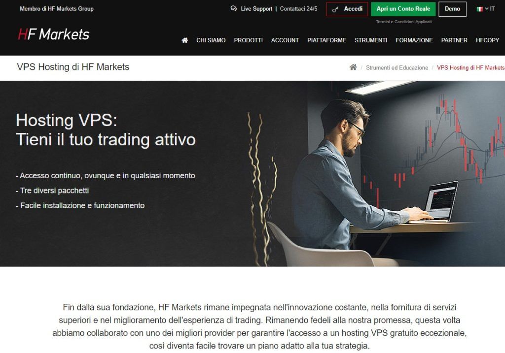 Pagina del servizio di VPS di HF Markets