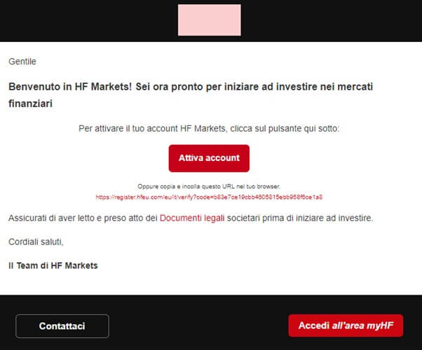 E-mail di conferma di avvenuta registrazione del tuo conto demo con HF Markets
