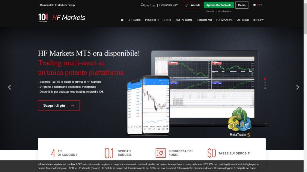 La pagina principale del sito di HotForex