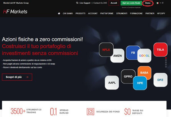 Schermata principale del sito di HF Markets per aprire un conto demo