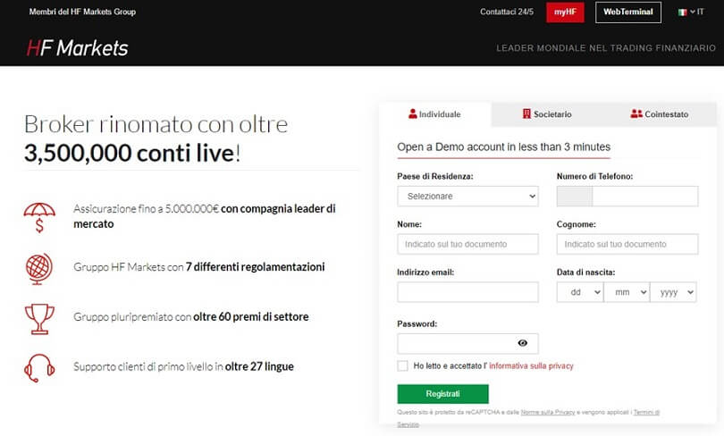 Modulo di registrazione per il tuo conto demo di HF Markets