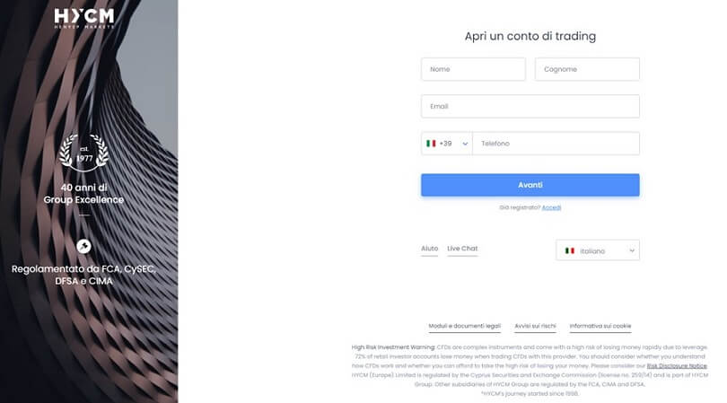 Il modulo di registrazione per un conto demo con HYCM