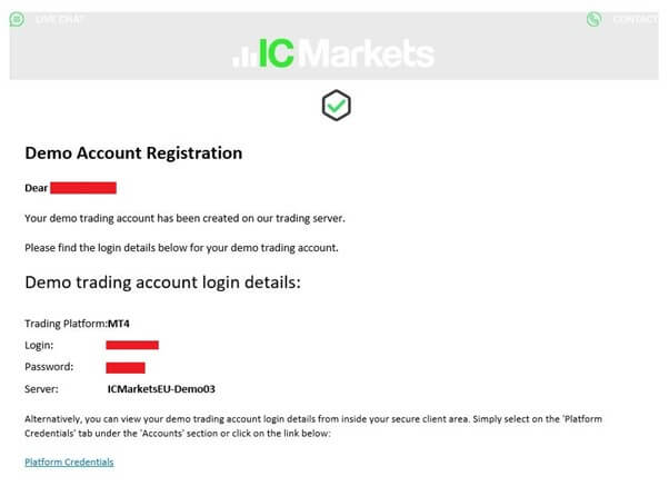 E-mail di conferma di avvenuta registrazione del tuo conto demo con IC Markets