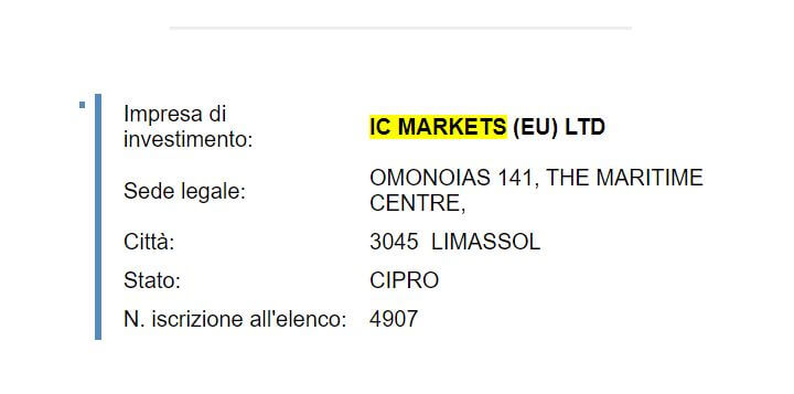 ic markets dati di registrazione consob