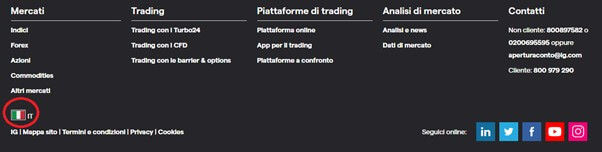 Footer del sito di IG Markets per visualizzare la correta versione del sito del broker