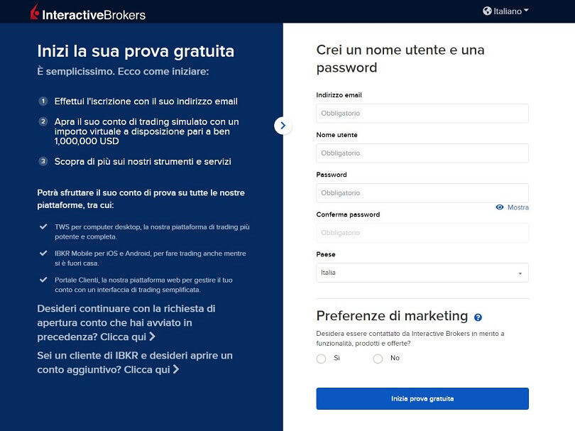 Il modulo di registrazione al conto demo di Interactive Brokers