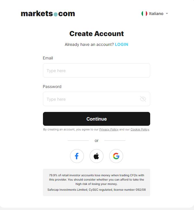 markets.com form di registrazione del conto demo