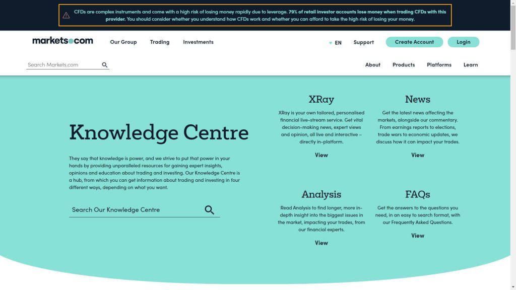 Sezioni di Markets.com dedicata alla formazione