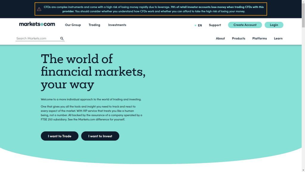 La pagina principale del sito di Markets.com