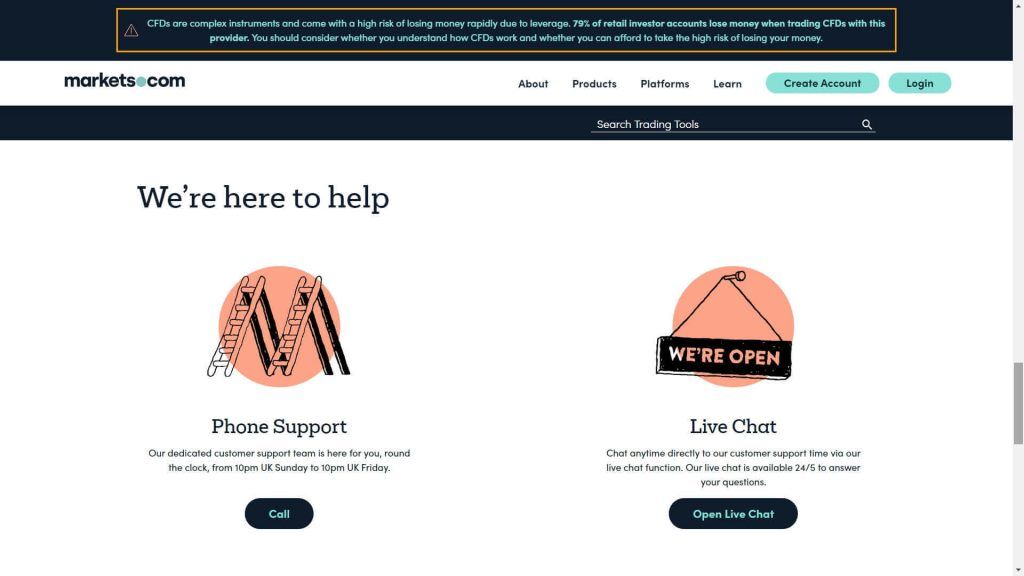 Sezione di Markets.com dedicata al supporto clienti