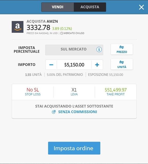 Schermata riepilogativa dell'ordine da confermare per investire su eToro